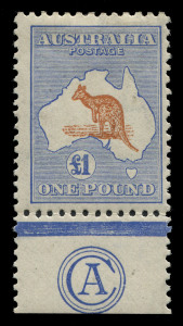 Kangaroos - Third Watermark: £1 CHESTNUT & BRIGHT BLUE 'CA' MONOGRAM SINGLE. FINE & FRESH MINT EXAMPLE. EXTREMELY RARE. Australian Commonwealth Specialist Catalogue 2021: 52Bza - Cat. $80,000