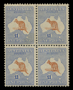 Kangaroos - Third Watermark: £1 Chestnut & Blue block of 4, uniform gum toning, upper units MVLH, lower units MUH, BW:52B - Cat $43,000+. Rare and desirable multiple. Stuart Hardy's similar block of 4, sold for $20,000 in May 2013.