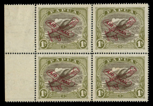 PAPUA: 1929-30 (SG.117) Harrison Printings AIR MAIL Overprint 1/- sepia & olive, marginal block of (4) with "Overprint in deep carmine" the first unit with 'AI,R MAIL' overprint variety, fresh MUH. This flaw not listed by Gibbons. The variety occurred 