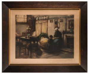 ARTIST UNKNOWN, interior scene, colour lithograph, signed lower right (illegible), ​​​​​​​50 x 66cm, 90 x 74cm overall