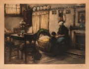 ARTIST UNKNOWN, interior scene, colour lithograph, signed lower right (illegible), ​​​​​​​50 x 66cm, 90 x 74cm overall - 2
