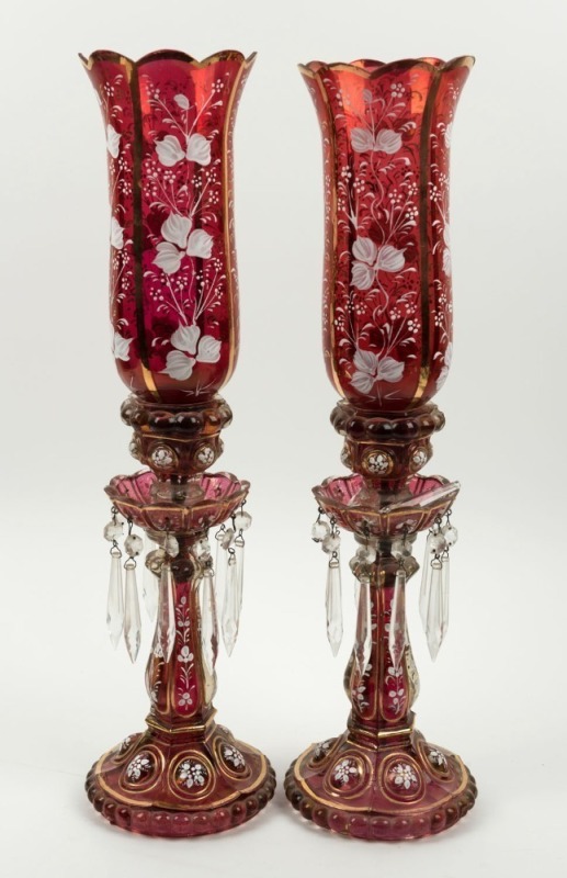 A pair of ruby glass lustres and shades, 20th century,  55cm high 