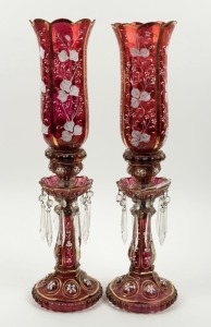 A pair of ruby glass lustres and shades, 20th century, 55cm high