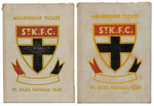 ST. KILDA: 1956 Member's Season Ticket (#2831), with Fixture List, details of the Club Leadership & holes punched for each game attended; issued in the name of R.G.W. Moss; accompanied by a SCHOOLBOY Ticket (#748) issued in the name of M.E. Moss, (2 items