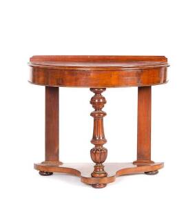 HALL TABLE: English Victorian mahogany half round table, 1880s. Height 73cm, width 90cm, depth 45cm