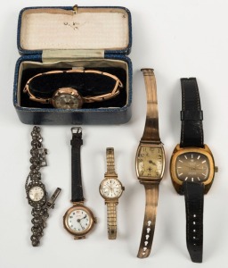 A 9ct gold cased Unicorn gent's watch, two 9ct gold cased lady's watches, an OMEGA lady's watch, a vintage silver and marcasite cocktail watch, and a TISSOT "SEASTAR" gent's automatic wristwatch, (6 items)