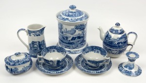 SPODE "Italian" pattern porcelain bachelor tea set for two comprising two oversized cups and saucers, teapot, sugar basin, milk jug, biscuit barrel and candlestick, late 20th century, (9 items), black factory mark to bases