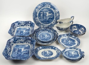 SPODE "Italian" pattern porcelain serving dishes and table ware comprising of a pair of gravy boats and saucers, cake platter, assorted serving bowls and dishes, late 20th century, (16 items), black factory mark to bases, the cake platter 29cm diameter