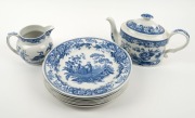 SPODE "The Spode Blue Room Collection" pattern porcelain teapot, jug and seven assorted plates,&nbsp;late 20th century, (9 items), blue factory mark to bases