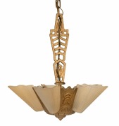 Three Art Deco cast metal and pressed glass ceiling pendant lights, circa 1930s, ​​​​​​​the largest 95cm high overall - 3