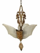 Three Art Deco cast metal and pressed glass ceiling pendant lights, circa 1930s, ​​​​​​​the largest 95cm high overall - 4