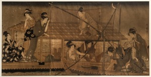 An antique Japanese three page woodblock print, Edo/Meiji period, 19th century, ​​​​​​​36 x 72cm, 60 x 95cm overall