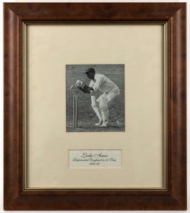 LESLIE AMES (England, 47 Tests 1929-38) original signature on a terrific action pic of Ames knocking the bails off the wicket; framed and glazed. Overall 38.5 x 34cm.