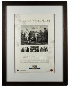 THE FIRST SUB-FOUR-MINUTE MILE: Attractively framed & glazed limited edition print, signed by SIR ROGER BANNISTER, showing him breaking the wire in May 1954 to record the first time anyone had run a mile in less than four minutes. Overall 69 x 53.5cm.