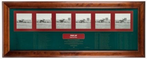 'Phar Lap - Frame By Frame' display showing Phar Lap winning the 1930 Melbourne Cup, signed by his first jockey Jack Baker, window mounted, framed and glazed, overall 44 x 110cm. With CofA and photo of Baker signing.