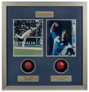SHANE WARNE & MUTIAH MURALITHARAN: "The Kings of Swing" box-framed display featuring two signed cricket balls presented together with photographs of the two bowlers in "full swing"; overall 57 x 54 x 9.5cm. Accompanied by individual CofA for each ball sho