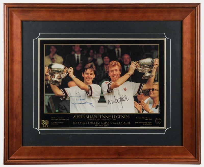 TODD WOODBRIDGE & MARK WOODFORDE: "The Woodies" signed limited edition print (#703/1500) attractively framed and glazed, overall 52 x 64cm. With CofA.