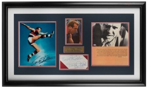 TED WHITTEN (1933 - 1995) attractively framed presentation combining an original signature on piece with three images of "Mr Football" and a plaque. Overall 44 x 76cm.