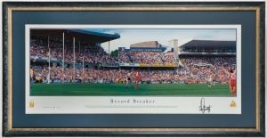 TONY LOCKETT'S 1300th GOAL: "Record Breaker" panoramic limited edition print (#987/1300), signed by Lockett; attractively framed and glazed, with AFL/ESP CofA and the original letter that accompanied the purchase. Overall 58 x 113.5cm.