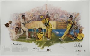ICC Cricket World Cup Champions 1987 - 1999 - 2003 Celebration poster with artwork by Brian Clinton; limited edition (#163/250) signed and editioned by the artist and Allan Border, Steve Waugh and Ricky Ponting. With PWC/Legends CofA. Overall 50 x 80cm.