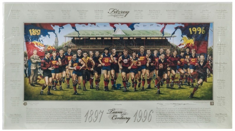 "FITZROY FOOTBALL CLUB Team of the Century 1897 - 1996" poster by Jamie Cooper, limited edition (377/500) signed by the artist. Overall 56 x 100cm.