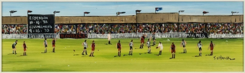 An original oil painting by Terrence John Hadler, titled "The Big Match" depicting an Essendon v Collingwood match at a critical moment with the scores level at 70 points each; signed at lower right, framed 26 x 52cm overall.