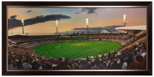 DAVE THOMAS: SYDNEY CRICKET GROUND under lights, oil on canvas, attractively framed, 68 x 140cm overall.