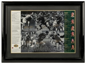"THE IMMORTALS" limited edition (#373/1500) poster, with the original signatures of Bob Fulton, Reg Gasnier, John Raper, Graeme Langlands and Wally Lewis, as well as a matching reproduction signature of Clive Churchill. Framed, with CofA affixed&nbsp;verso. 59