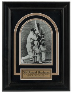 DON BRADMAN original signature on Bradman at the wicket, mounted, framed and glazed together with a plaque describing his career statistics; CofA verso. Overall 40 x 30cm