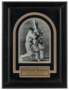DON BRADMAN original signature on Bradman at the wicket, mounted, framed and glazed together with a plaque describing his career statistics; CofA verso. Overall 40 x 30cm