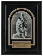 DON BRADMAN&nbsp;original signature on Bradman at the wicket, mounted, framed and glazed together with a plaque describing his career statistics; CofA verso. Overall 40 x 30cm