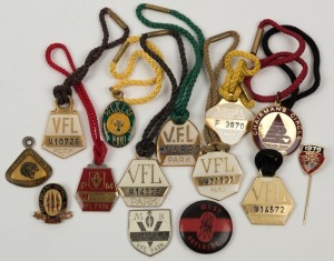 VFL PARK Membership fobs 1967, 1973, 1975, 1976 (2), 1977 (2) and 1982; 1953 West Adelaide Football Club badges (2), 1990 South Adelaide membership fob, 1990 Brisbane Bears Chairman's Circle fob,1980 Peckers Club membership fob, and a 1979 Perth Football 