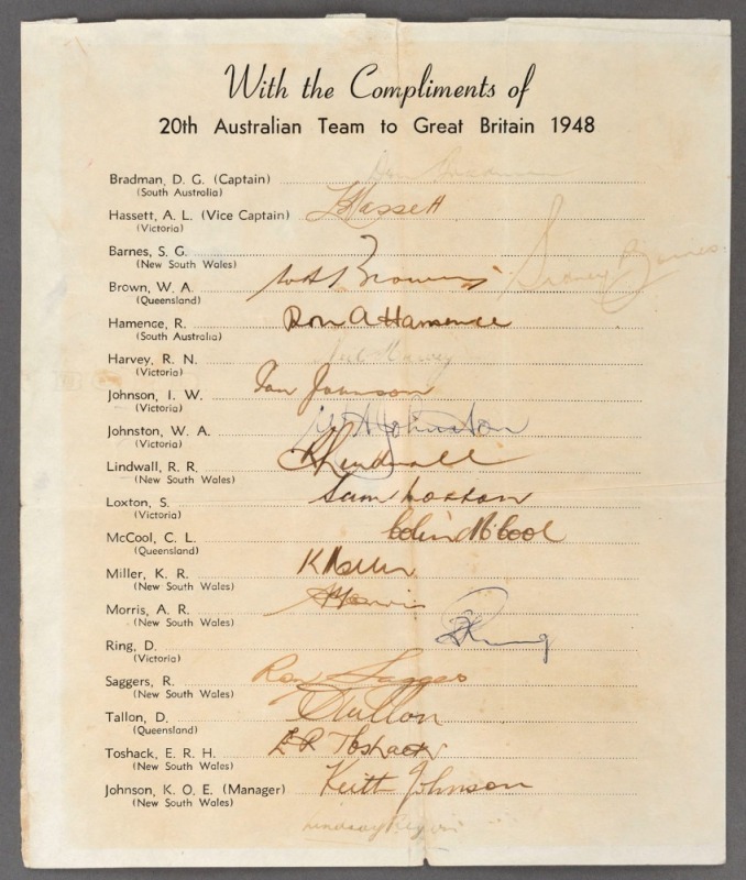 1948 AUSTRALIAN TEAM TO GREAT BRITAIN: "The Invincibles" official team sheet, unusually, signed by the whole squad; with faults.