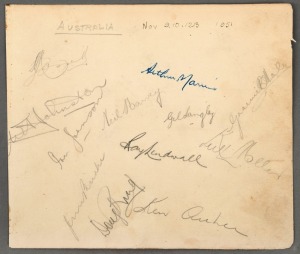 1951 AUSTRALIA v WEST INDIES: An autograph page with signatures collected at the Brisbane Test in November 1951. Australia won the match by 3 wickets. All 12 Australians have signed, including the captain, Lindsay Hassett, Keith Miller, Arthur Morris, Ray
