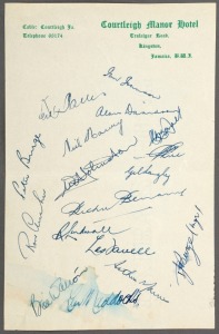 AUSTRALIA IN THE WEST INDIES: A sheet headed Courtleigh Manor Hotel, Kingston Jamaica, signed by the complete Australian Touring party including the manager. Noted Neil Harvey, who topped the batting averages with 108.33, Gil Langley, who took 16 catches,