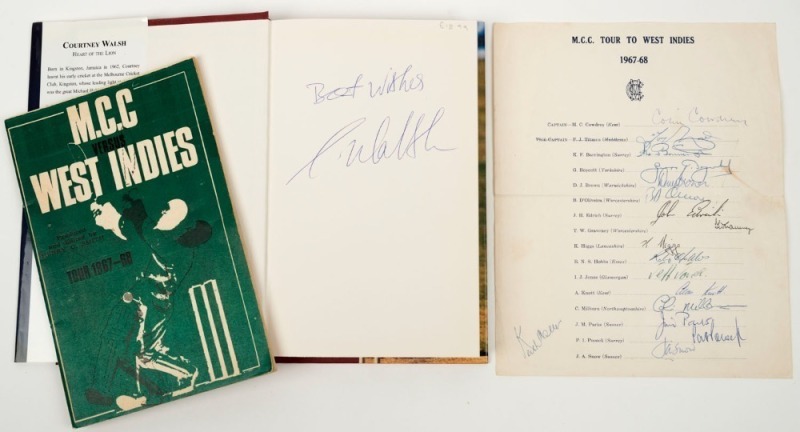 1967-68 M.C.C. TOUR TO WEST INDIES: Official Team sheet signed by the complete squad (captained by Colin Cowdrey) and also signed by Keith Miller who was in the West Indies to cover the cricket as a newspaper correspondent. The team sheet is accompanied b