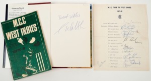 1967-68 M.C.C. TOUR TO WEST INDIES: Official Team sheet signed by the complete squad (captained by Colin Cowdrey) and also signed by Keith Miller who was in the West Indies to cover the cricket as a newspaper correspondent. The team sheet is accompanied b
