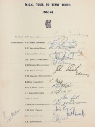 1967-68 M.C.C. TOUR TO WEST INDIES: Official Team sheet signed by the complete squad (captained by Colin Cowdrey) and also signed by Keith Miller who was in the West Indies to cover the cricket as a newspaper correspondent. The team sheet is accompanied b - 3