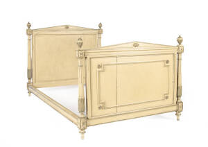 French 3/4 bed with fluted turned columns & olive green finish (slats & rails). Height 117cm, width 131cm, length 210cm