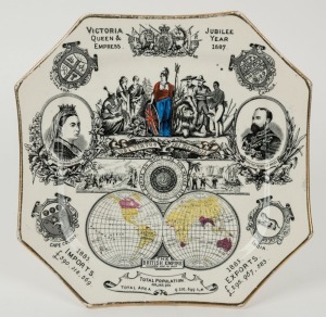 "VICTORIA QUEEN & EMPRESS, JUBILEE YEAR 1887" commemorative English porcelain plate, stamped "Manufactured For SILBER & FLEMING Co. 57 WOOD St. LONDON. E.C.", ​​​​​​​24.5cm wide