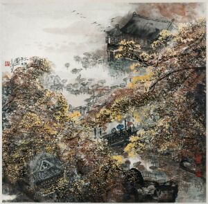 CAI TIANXIONG (1944 - ), (village scene with figures), watercolour, signed centre left, 68 x 67cm, 106 x 88cm overall
