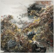 CAI TIANXIONG&nbsp;(1944 - ), (village scene with figures), watercolour, signed centre left, ​​​​​​​68 x 67cm, 106 x 88cm overall