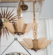 Three Art Deco cast metal and pressed glass ceiling pendant lights, circa 1930s, ​​​​​​​the largest 95cm high overall - 5