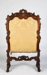 FIRE SCREEN: French 19th Century carved walnut with brocade gold fabric panel.