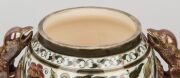 ZOLNAY antique Hungarian porcelain urn on later carved Chinese wooden base, blue factory mark to base. Note: missing lid, 31cm high overall - 5