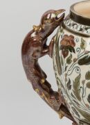 ZOLNAY antique Hungarian porcelain urn on later carved Chinese wooden base, blue factory mark to base. Note: missing lid, 31cm high overall - 7