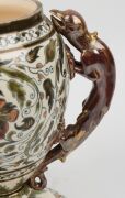 ZOLNAY antique Hungarian porcelain urn on later carved Chinese wooden base, blue factory mark to base. Note: missing lid, 31cm high overall - 12