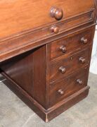 An antique English mahogany cylinder top twin pedestal desk with well fitted interior veneered in maple, sliding desk top and leather inset adjustable slope, each pedestal with three graduated drawers, circa 1860, 112cm high, 149cm wide, 68cm deep - 8