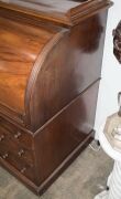 An antique English mahogany cylinder top twin pedestal desk with well fitted interior veneered in maple, sliding desk top and leather inset adjustable slope, each pedestal with three graduated drawers, circa 1860, 112cm high, 149cm wide, 68cm deep - 10