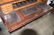 An antique English mahogany cylinder top twin pedestal desk with well fitted interior veneered in maple, sliding desk top and leather inset adjustable slope, each pedestal with three graduated drawers, circa 1860, 112cm high, 149cm wide, 68cm deep - 12